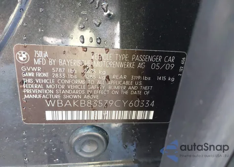 2009 BMW 750Li from USA, damaged, VIN WBAKB83579CY60334